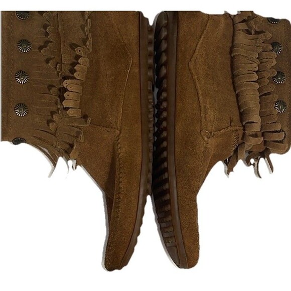 MINNETONKA Fringe Moccasins Boho Festival Brown Suede Boots Woman’s Size 7.5 US - Picture 7 of 13